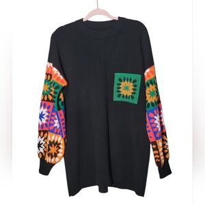 Granny Square Mosaic Sleeve Knit Sweater Black Wool Blend Crewneck  Oversized XL